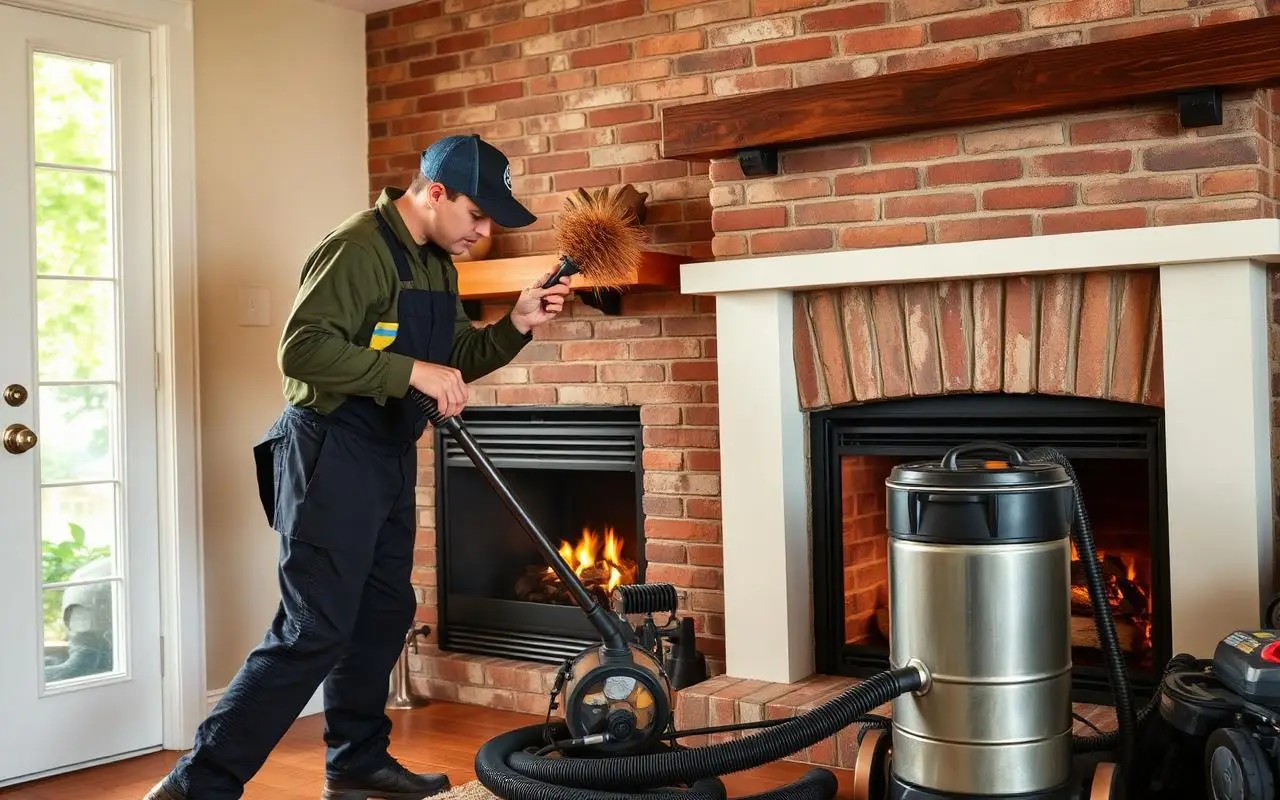 Chimney technician in a cap holding a long-handled flue brush beside a brick fireplace, with a canister vacuum and hoses on the floor